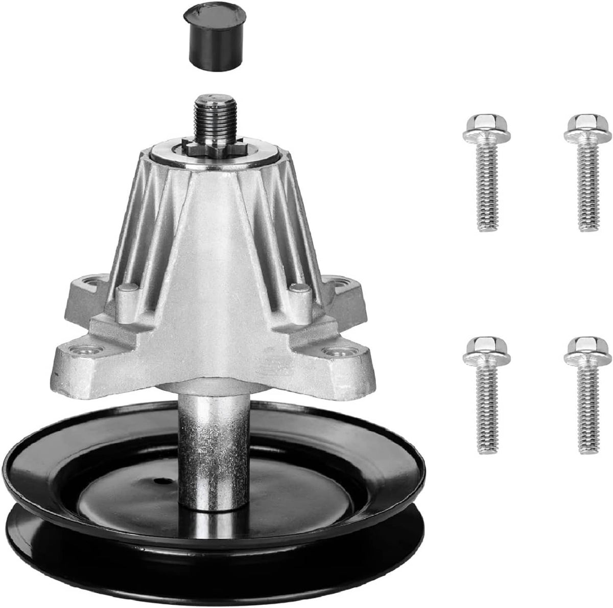 Lawn mower deck spindle assembly pulley with threaded shaft and mounting bolts