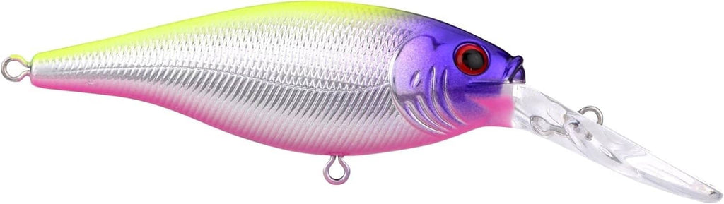 Chartreuse-purple crankbait fishing lure with pink belly, clear lip, silver treble hook