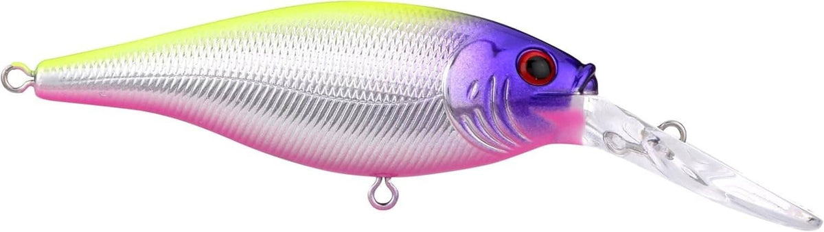 Chartreuse-purple crankbait fishing lure with pink belly, clear lip, silver treble hook