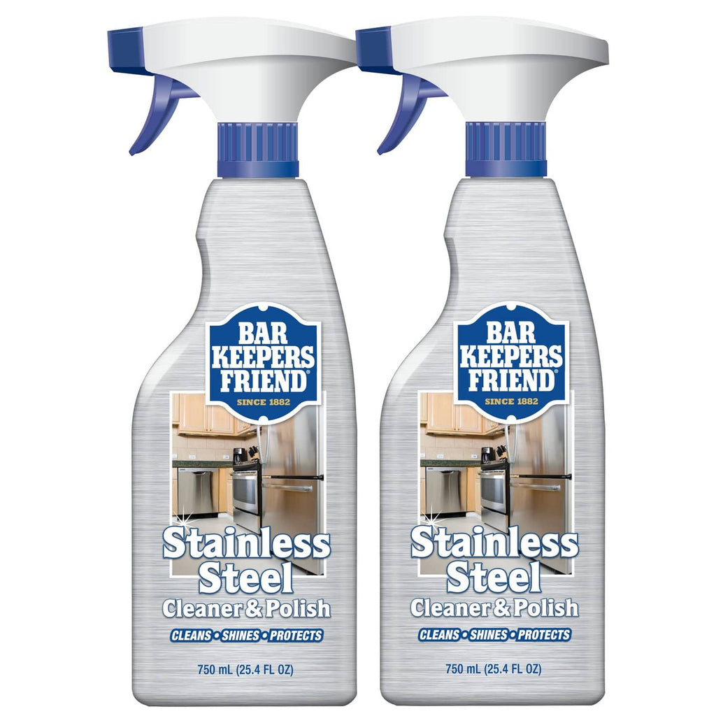 Two stainless steel cleaner spray bottles with blue trigger, Bar Keepers Friend label