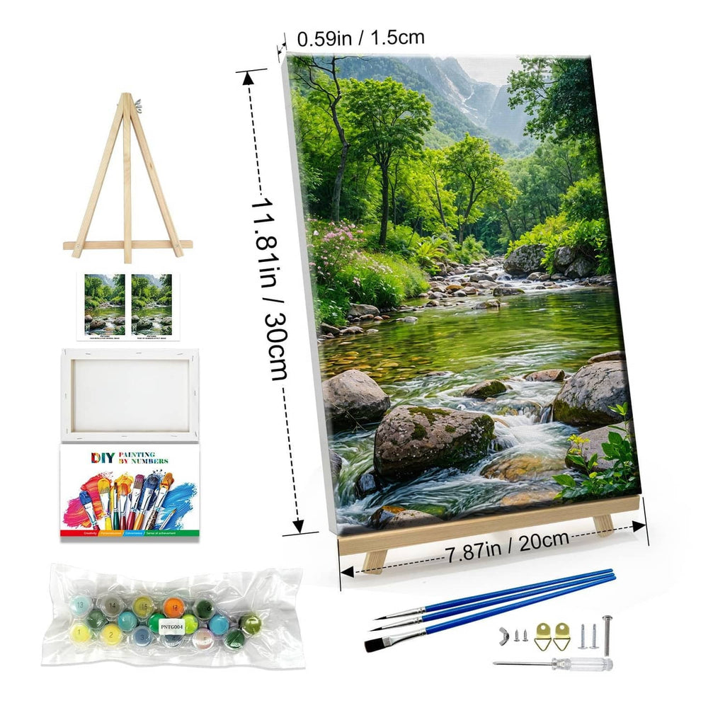 Landscape paint-by-number kit with canvas, easel, brushes, and paint bottles