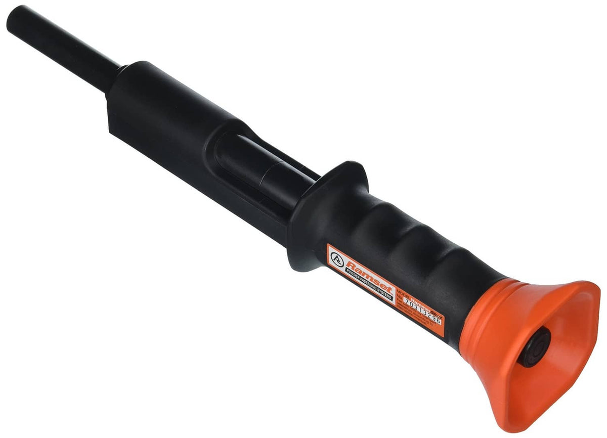 Black low-velocity powder-actuated tool with orange front muzzle