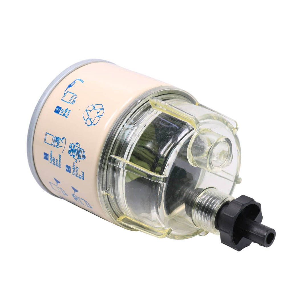 Spin-on fuel filter water separator with clear water collection bowl and outlet hose port