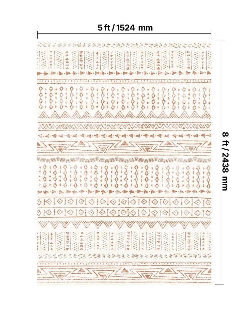 Beige rug with orange geometric pattern, 5 ft x 8 ft size diagram