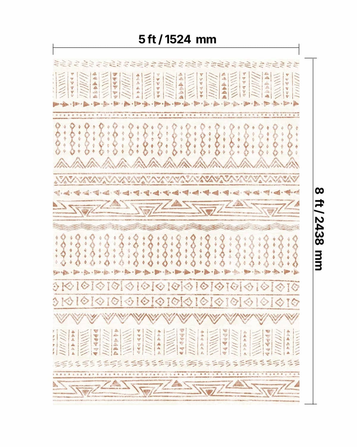 Beige rug with orange geometric pattern, 5 ft x 8 ft size diagram