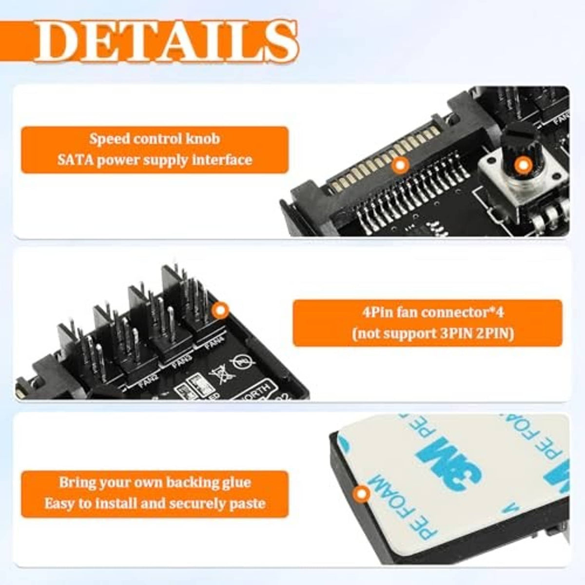 PWM fan speed controller board with speed control knob and adhesive mounting
