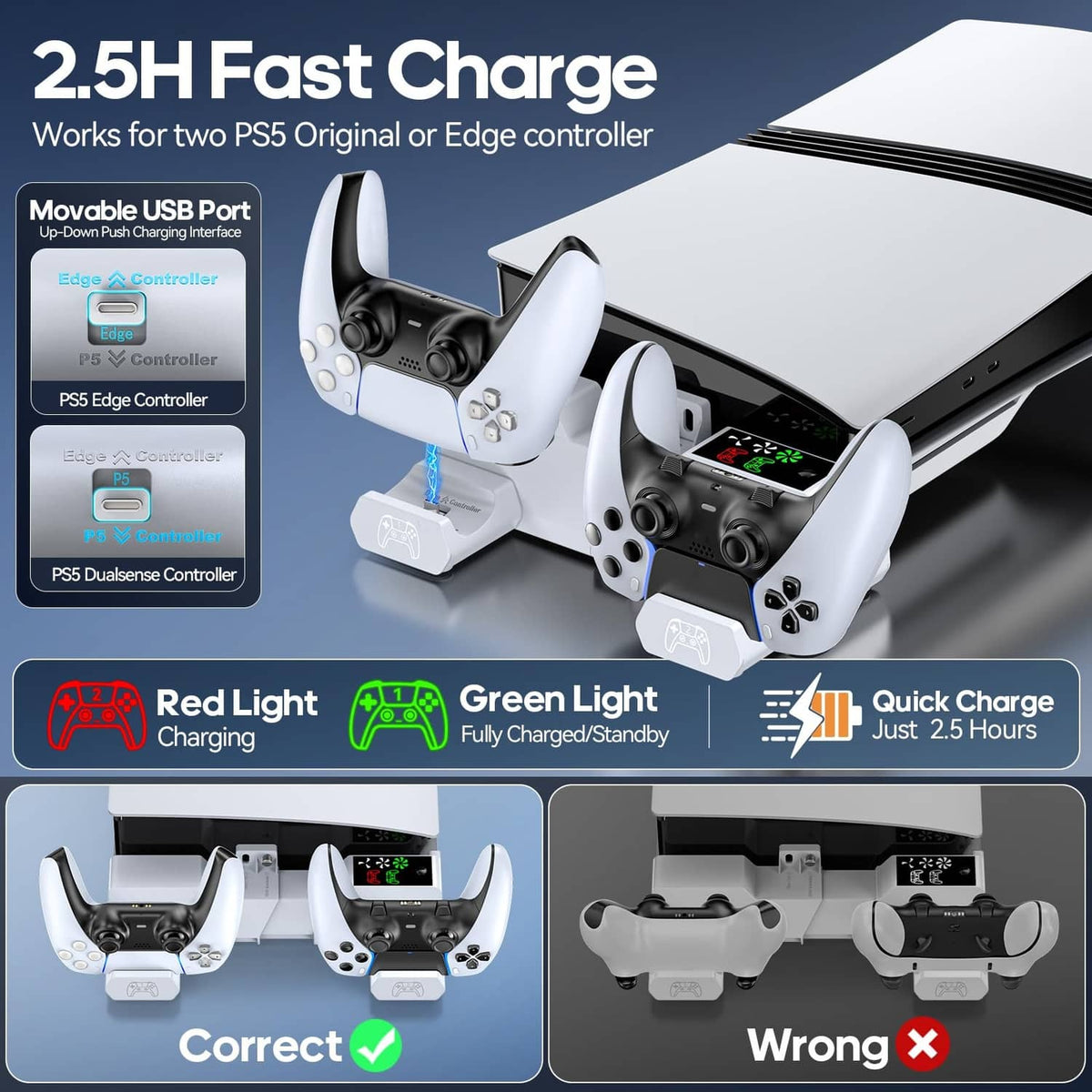 White horizontal stand with charger ports and cooling fan; controllers in charging cradles