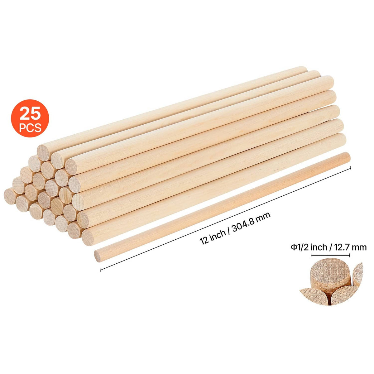 Natural wood dowel rods bundle with visible 12-inch length and 1/2-inch diameter