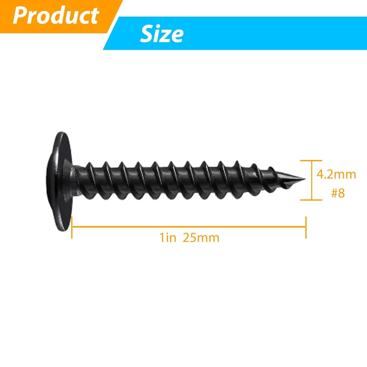 Black self-tapping wood screw with sharp threads and wide truss head, Phillips drive