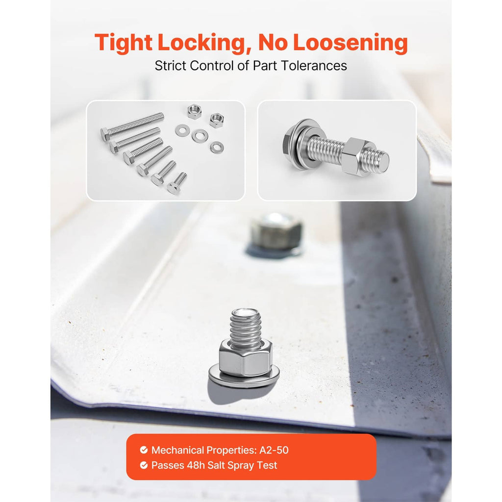 Stainless steel bolt and nut set with close-up of tightened connection