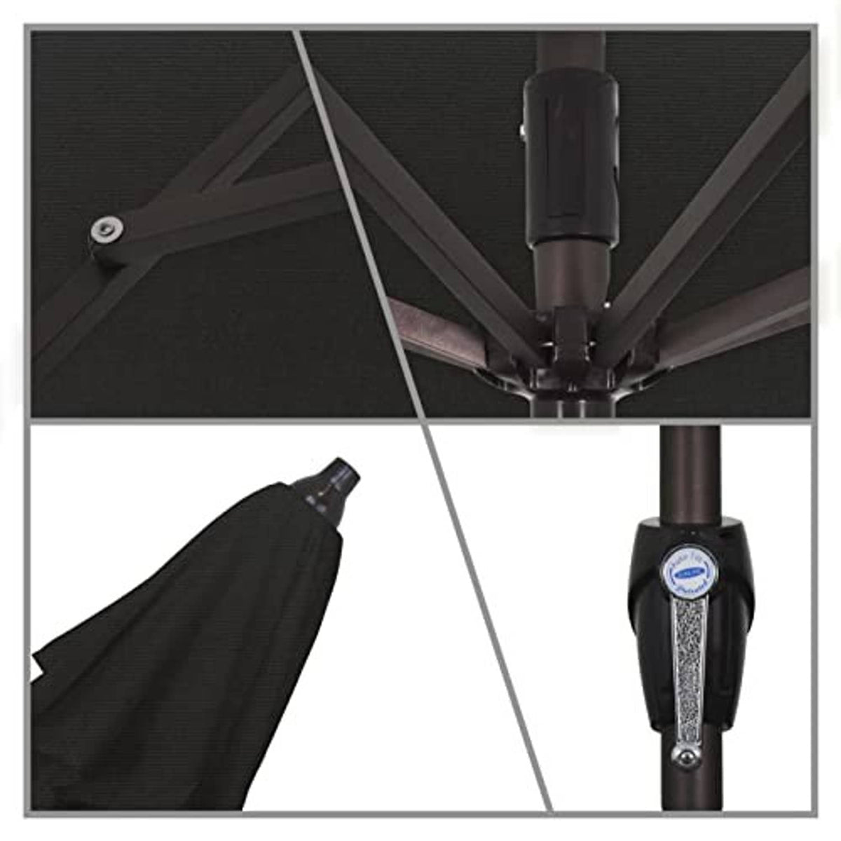 Black umbrella canopy underside with rib supports and central crank mechanism