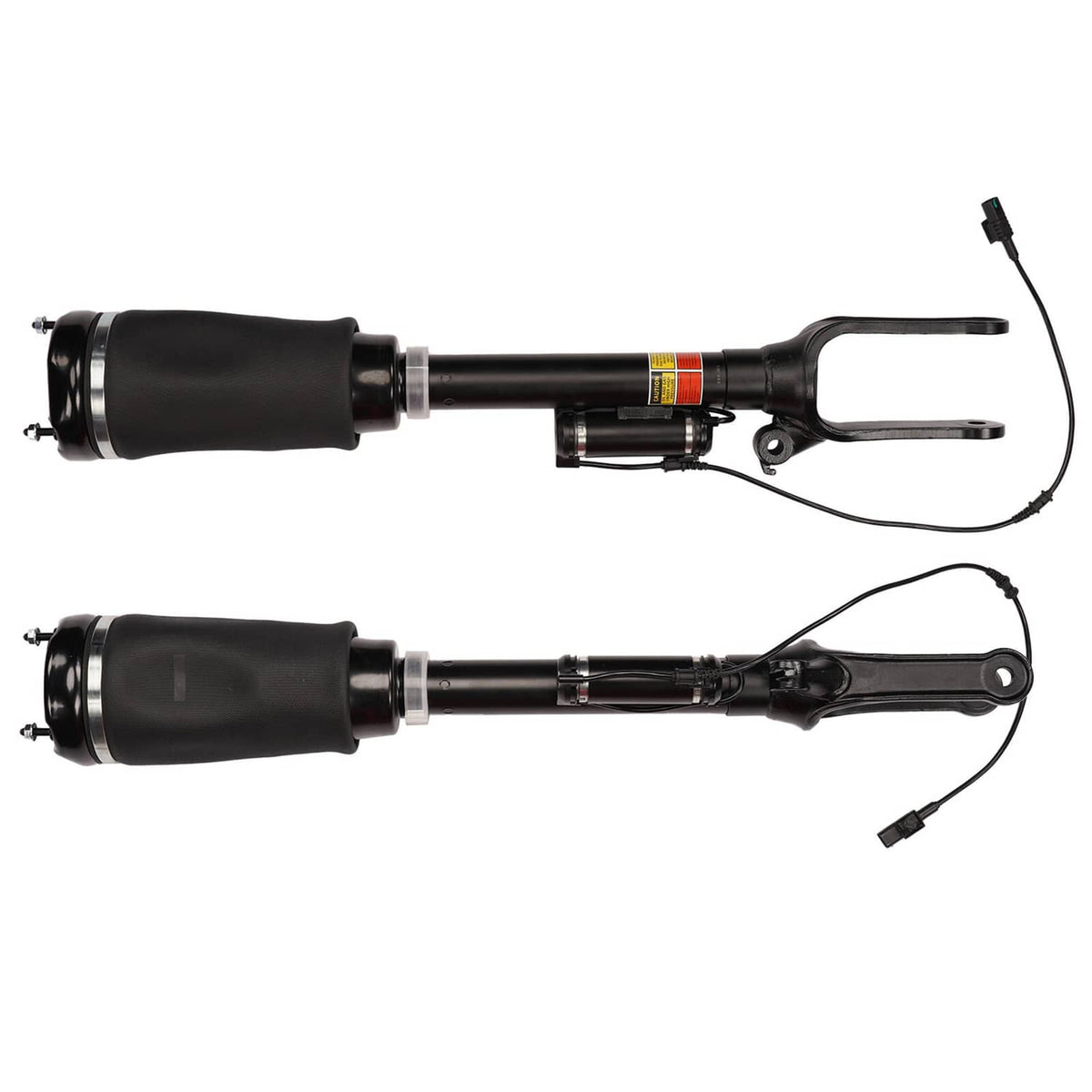 Front air suspension strut pair with sensor wires and silver piston housings