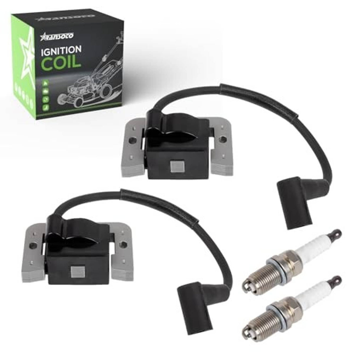 Ignition coil module with spark plug leads and black wire harness, gray mounting brackets