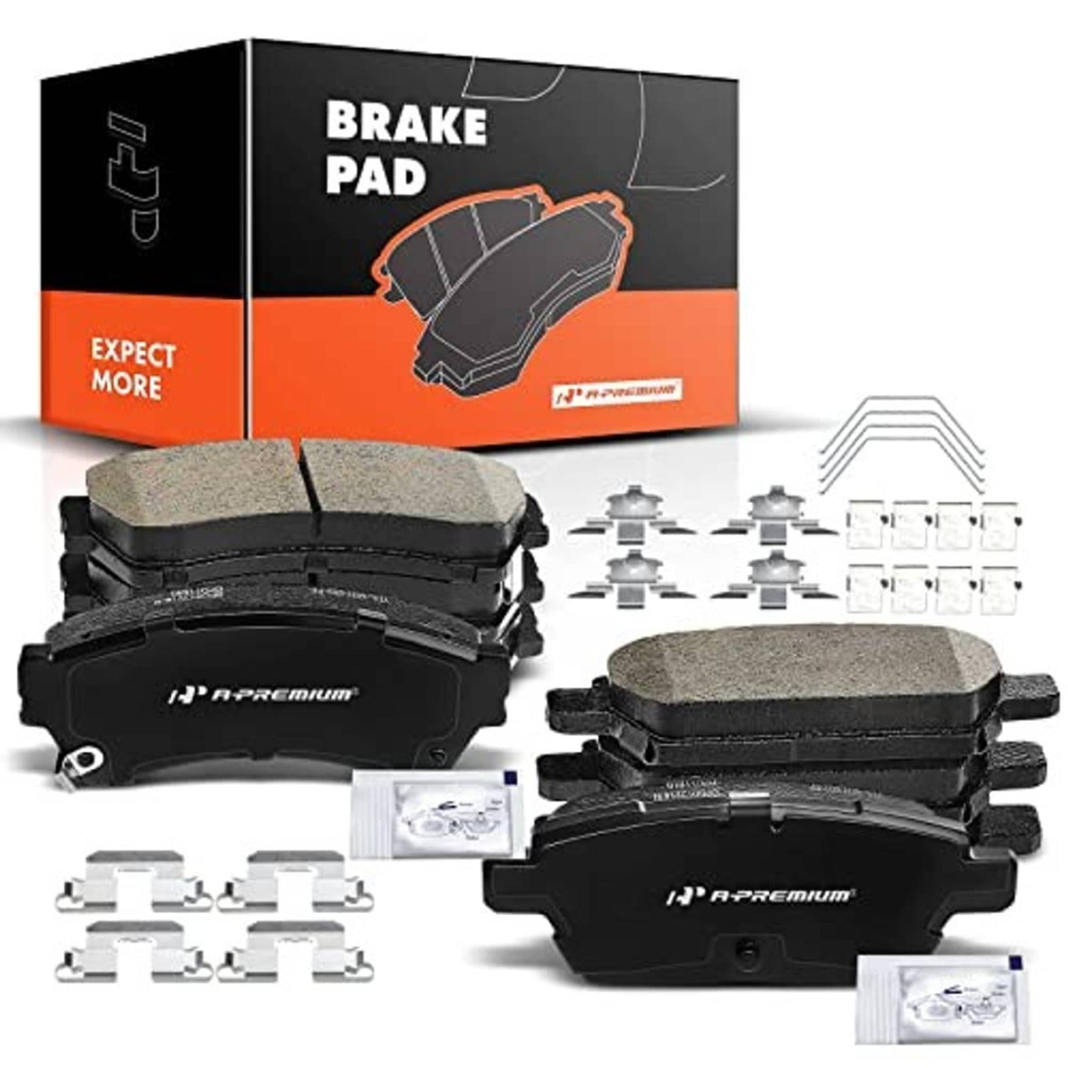 Ceramic brake pad set with front and rear pads, included hardware and installation packets