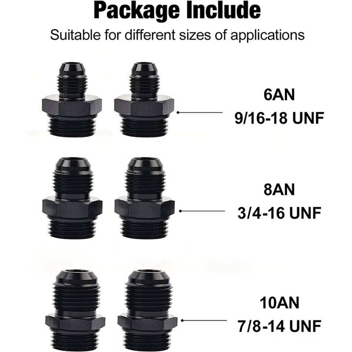 AN adapter fittings set with black threaded ends for 6AN, 8AN, and 10AN sizes