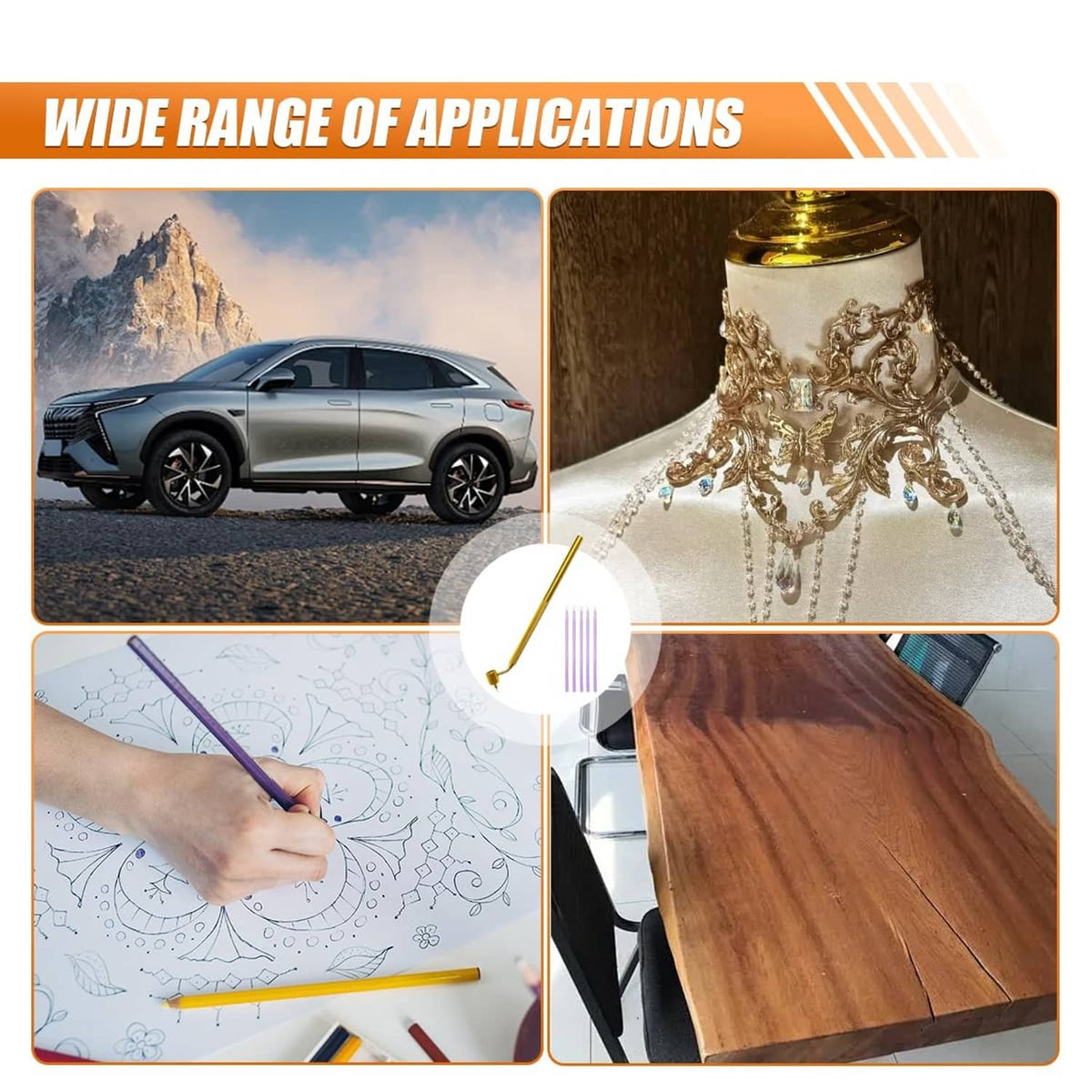 Purple refill sticks and gold paint pen for multi-surface detailing