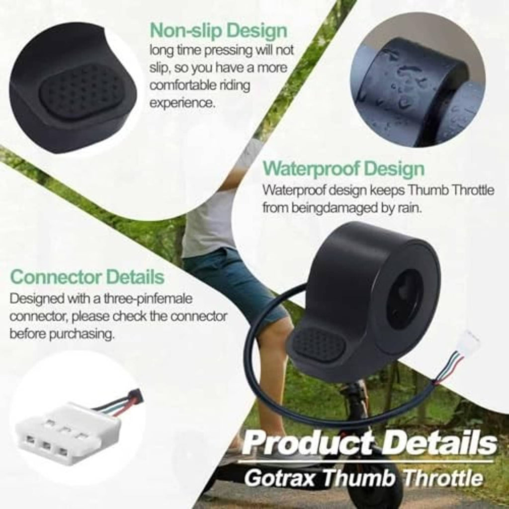 Black thumb throttle replacement with waterproof-style housing, textured pad, and connector