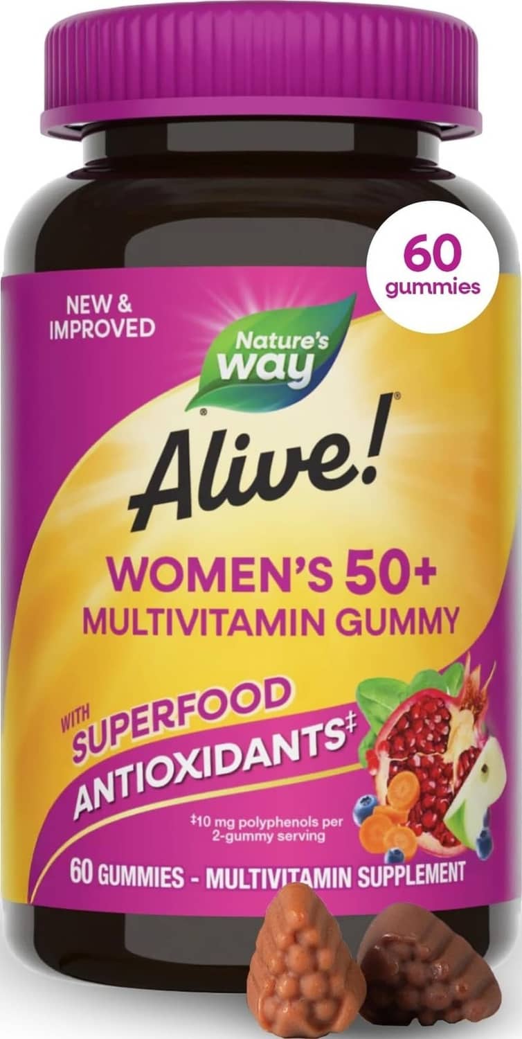 Women's 50+ multivitamin gummy supplement bottle with pink cap and red-orange label