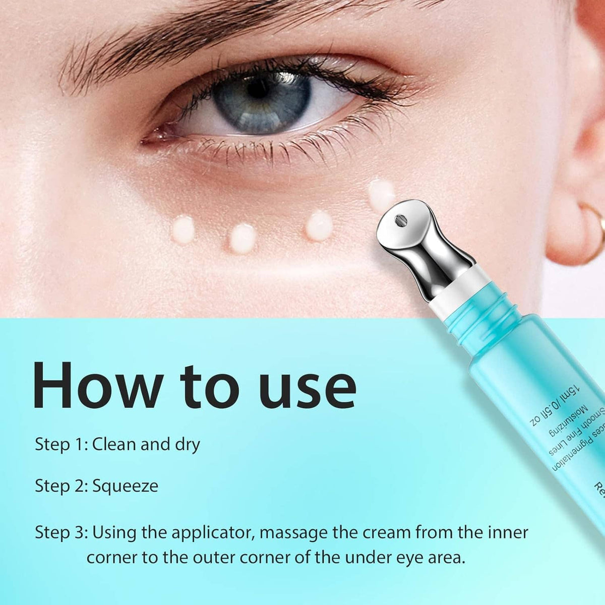 Retinol eye cream applicator dispensing small dots under a closed eye