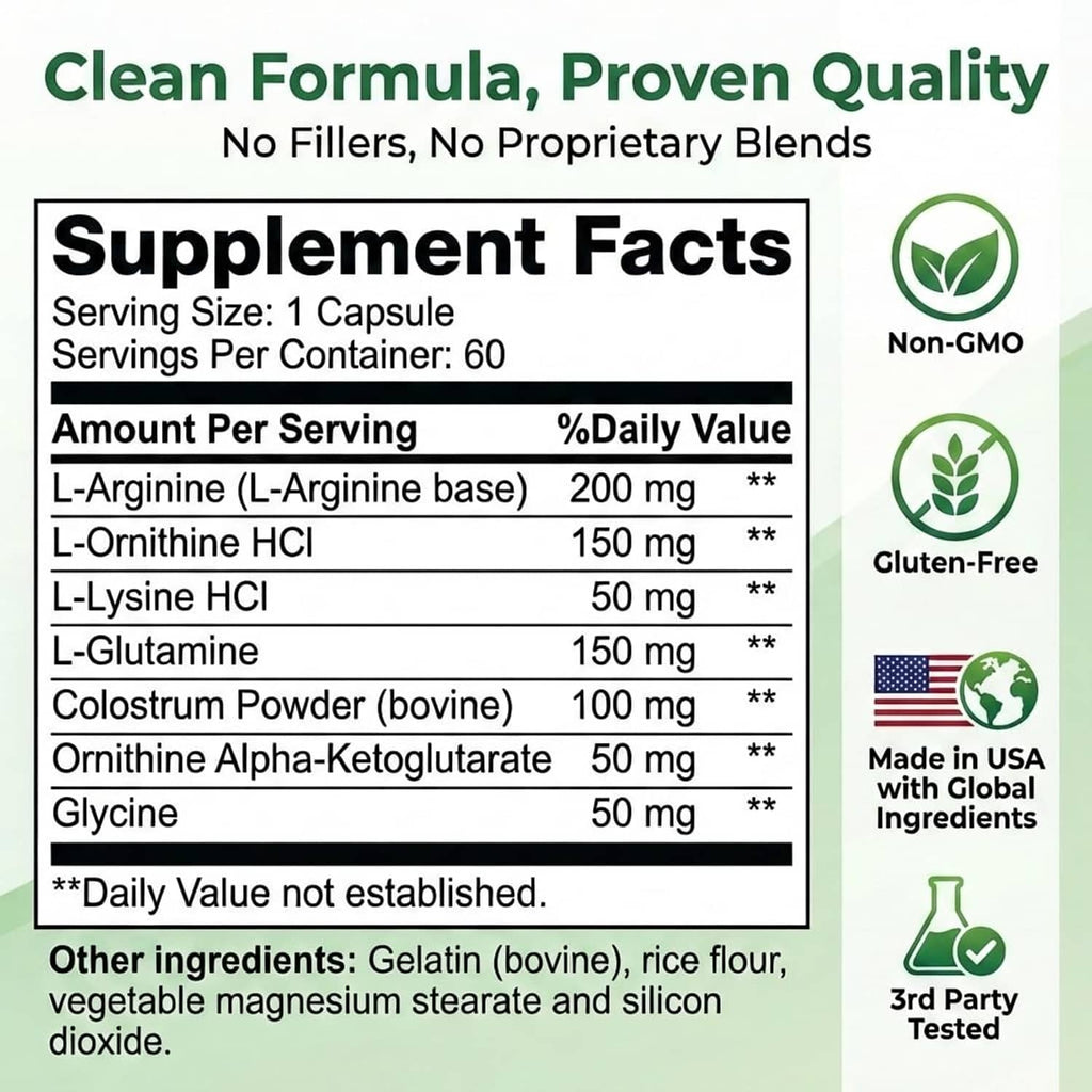 Supplement facts label panel with ingredient list and Non-GMO and gluten-free badges