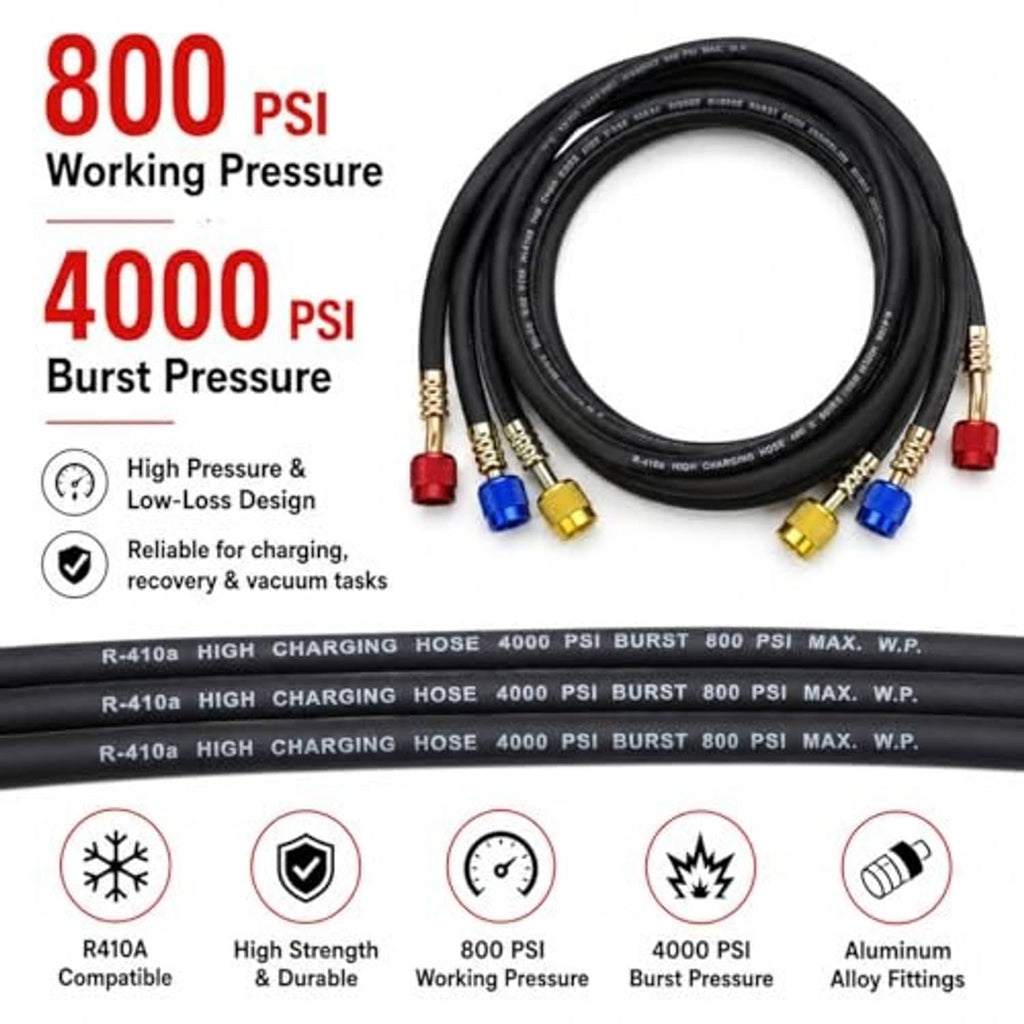 Black refrigerant hose with brass ends and color-coded ball valve handles for charging