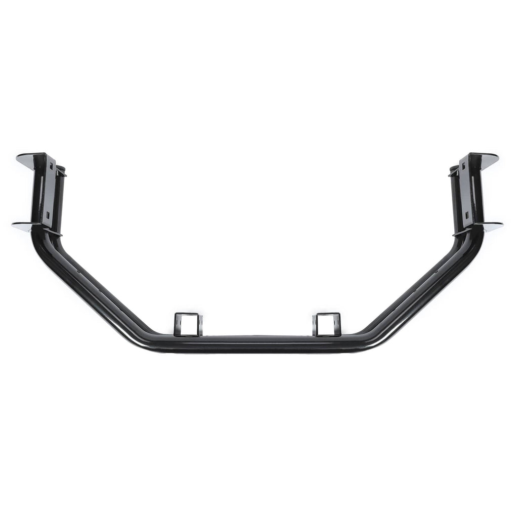 Zero-turn mower rear bumper bar with hitch receiver, black steel curved frame and posts