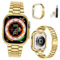 Gold stainless steel watch band with secure clasp, flat-link design and pin holes