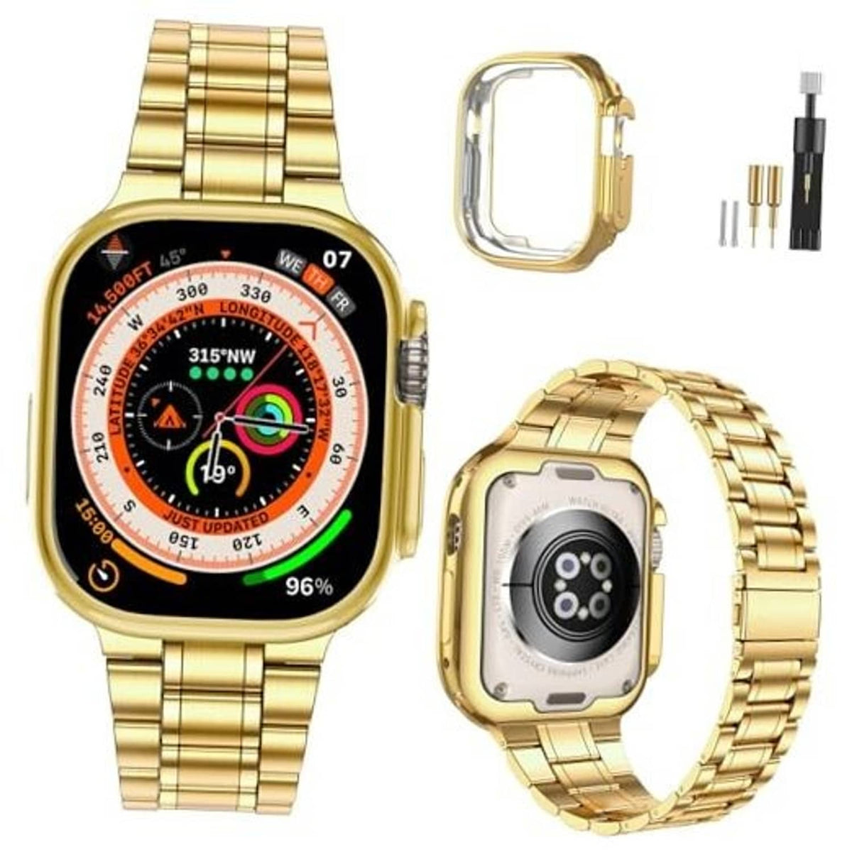 Gold stainless steel watch band with secure clasp, flat-link design and pin holes