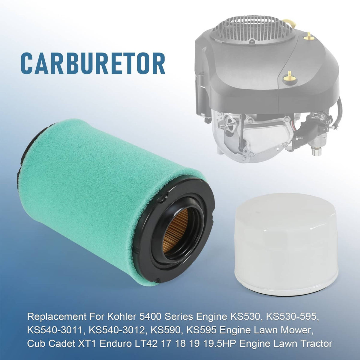 Green air filter foam and white oil filter canister for small engines