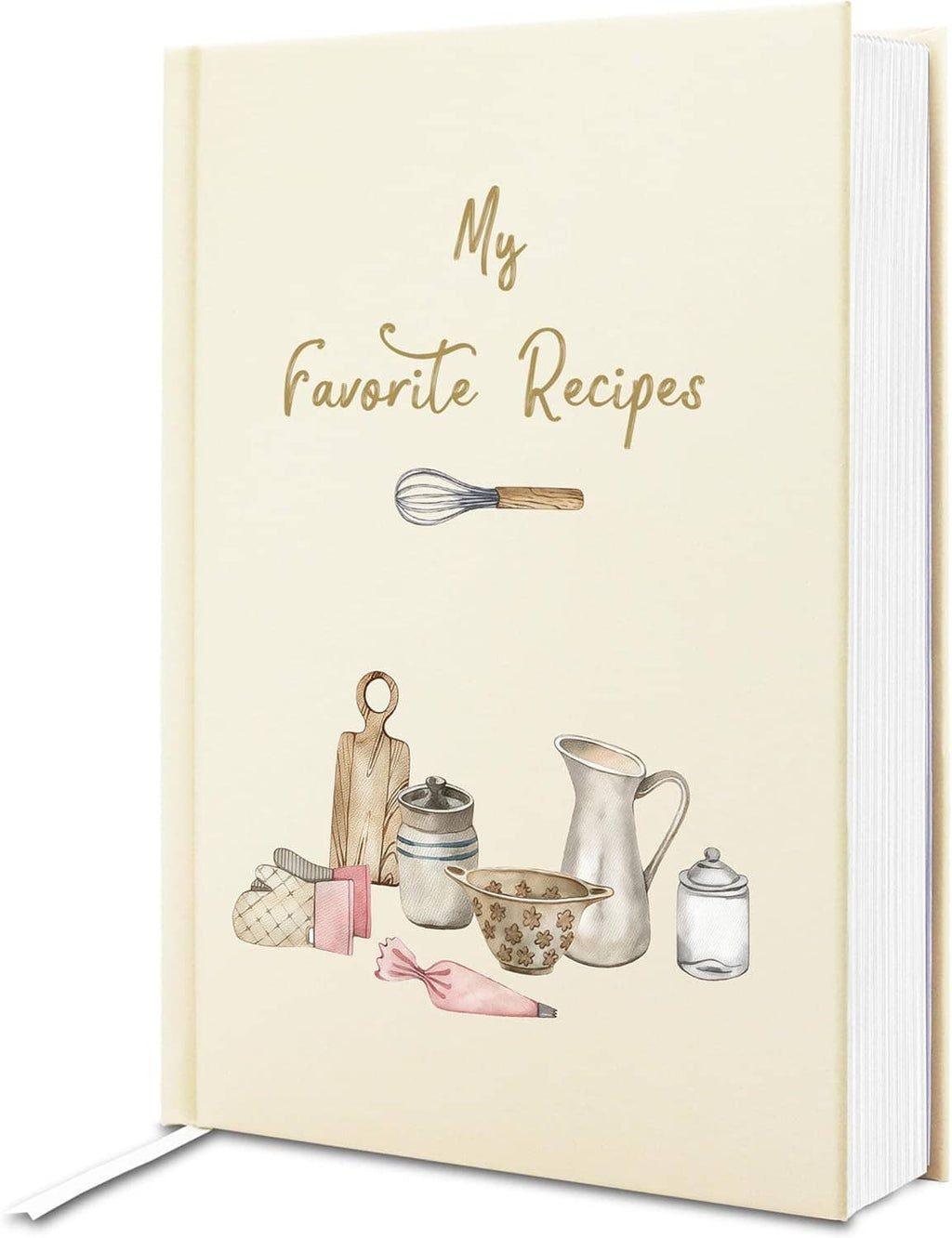Cream hardcover recipe book with “My Favorite Recipes” lettering and illustrated cookware