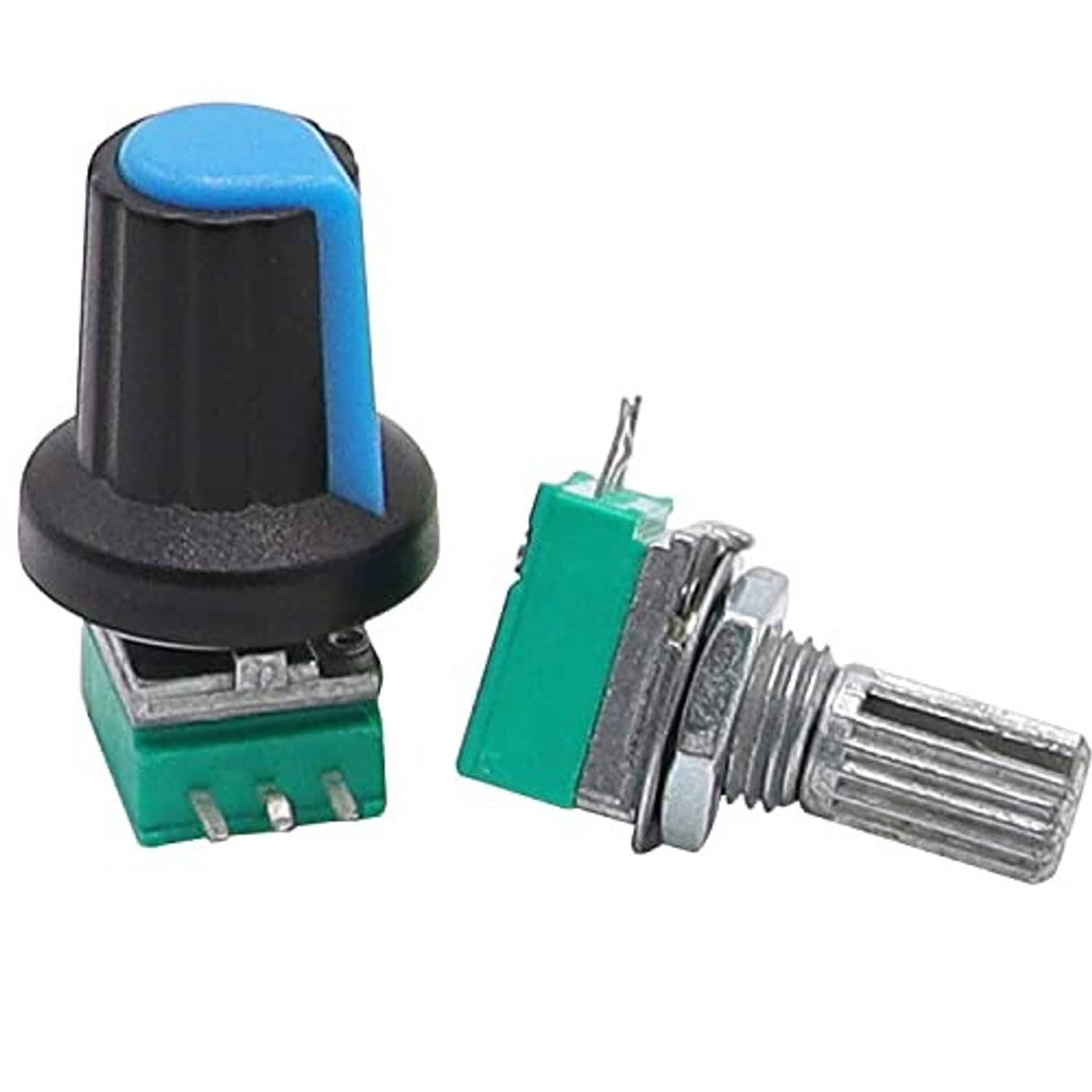 Rotary potentiometer with blue top cap, green PCB base, and silver metal threaded shaft