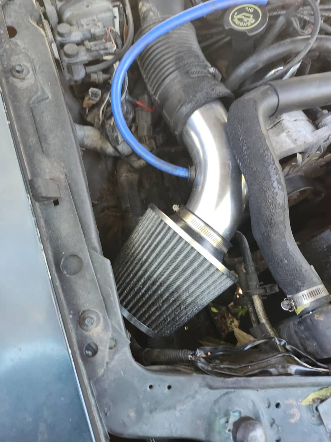 Close-up of cold air intake cone filter with blue silicone coupler on chrome pipe