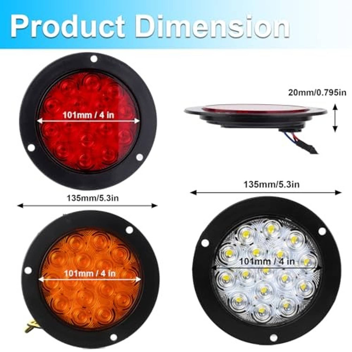 4-inch round LED trailer tail lights featuring red, amber, and white lenses with black bezel