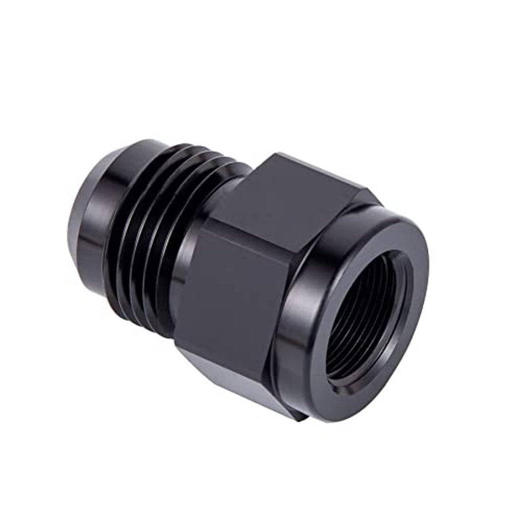 Black flare reducer adapter with hex body and 10AN female to 8AN male threaded ports