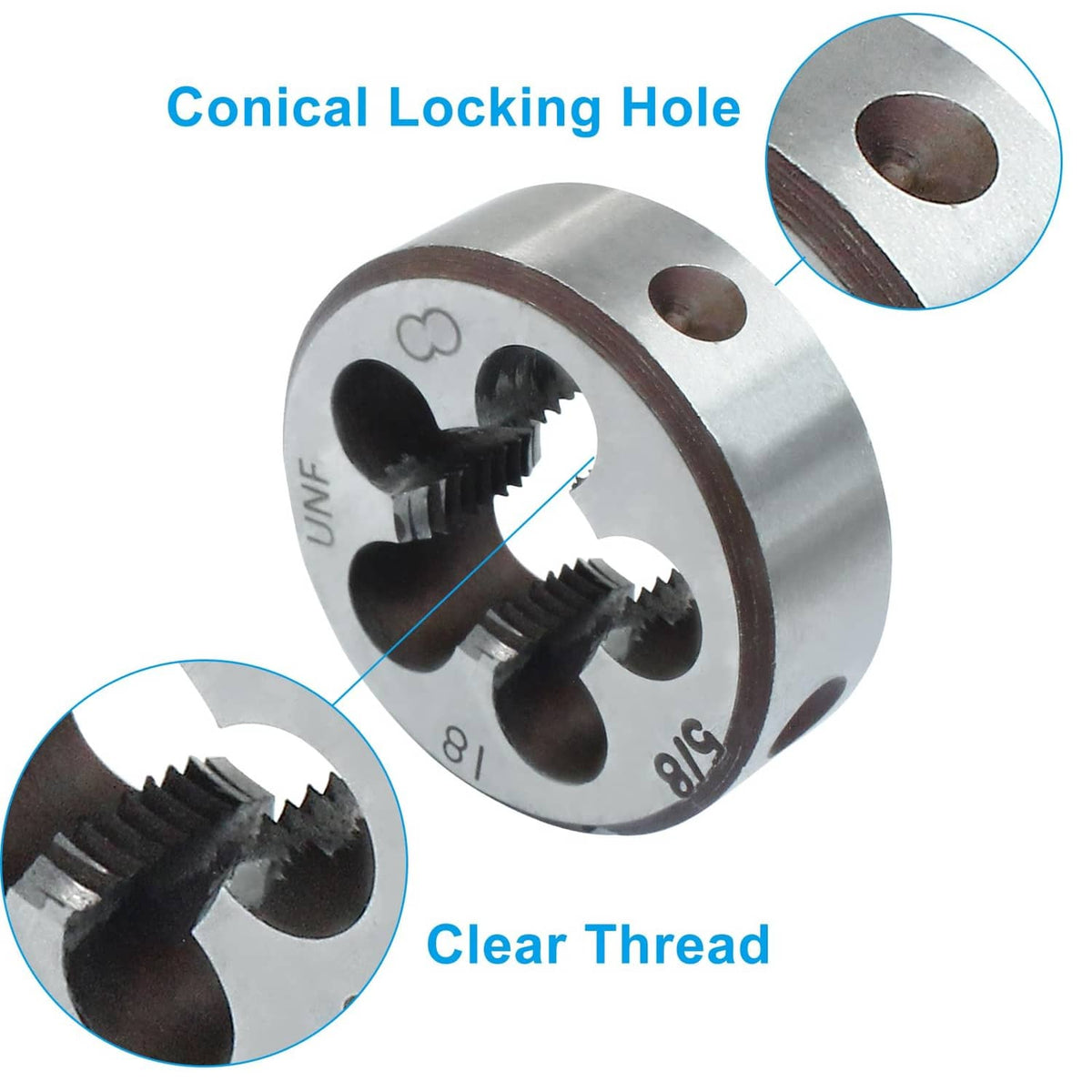 UNF die insert with conical locking hole and threaded tap tool