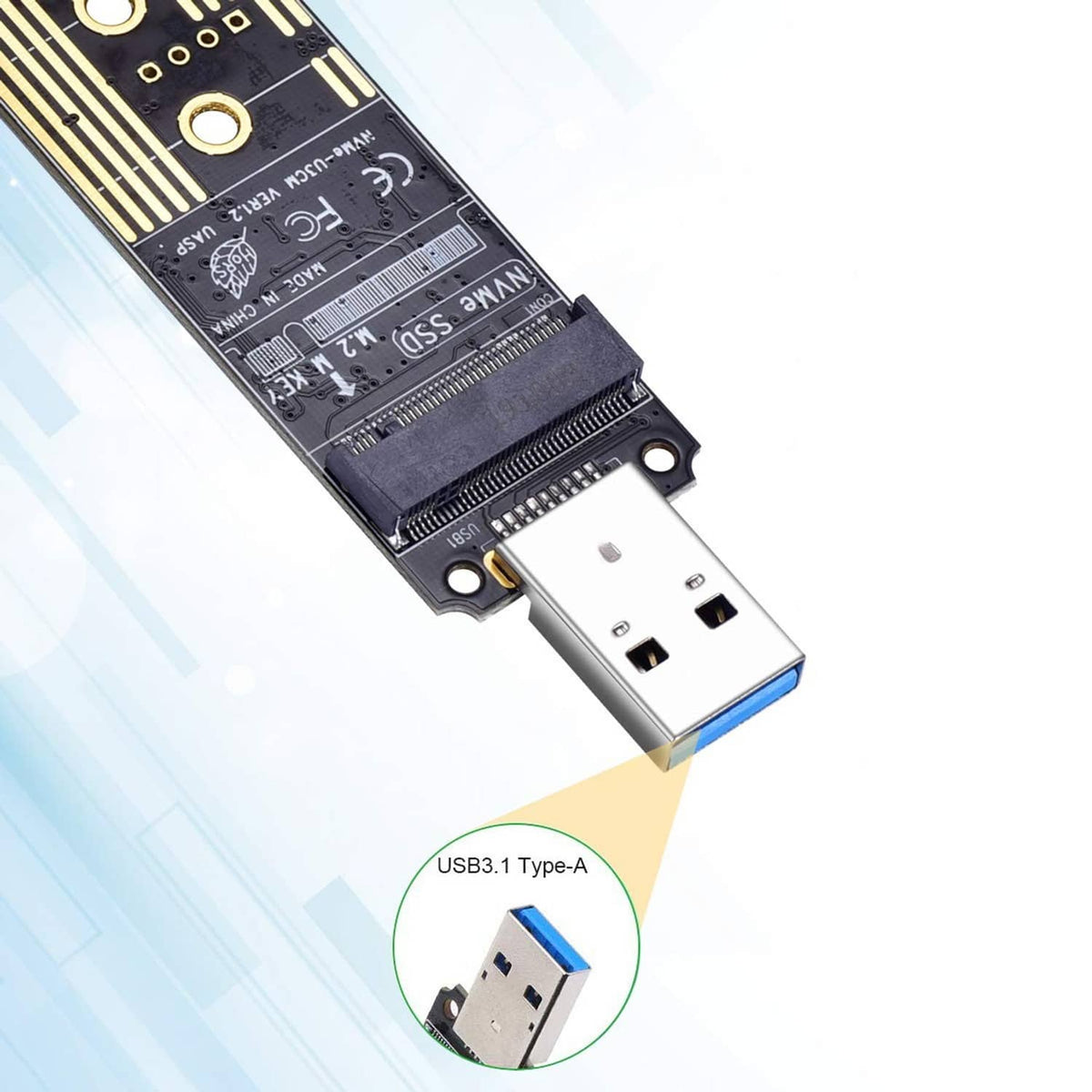 M.2 NVMe adapter showing USB-A port and M-key edge connector on the PCB