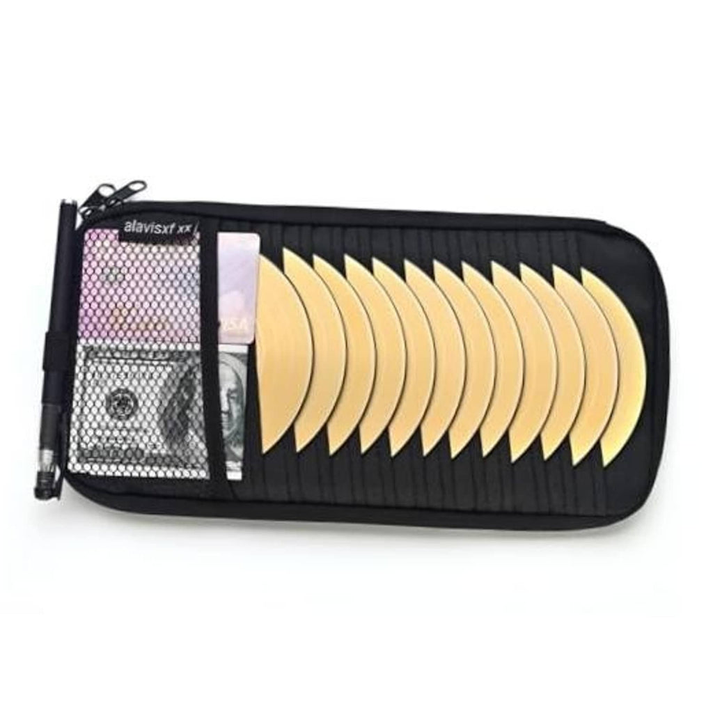 Black car visor CD organizer with mesh pocket and 12 gold disc sleeves, zippered case
