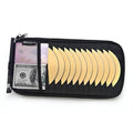 Black car visor CD organizer with mesh pocket and 12 gold disc sleeves, zippered case
