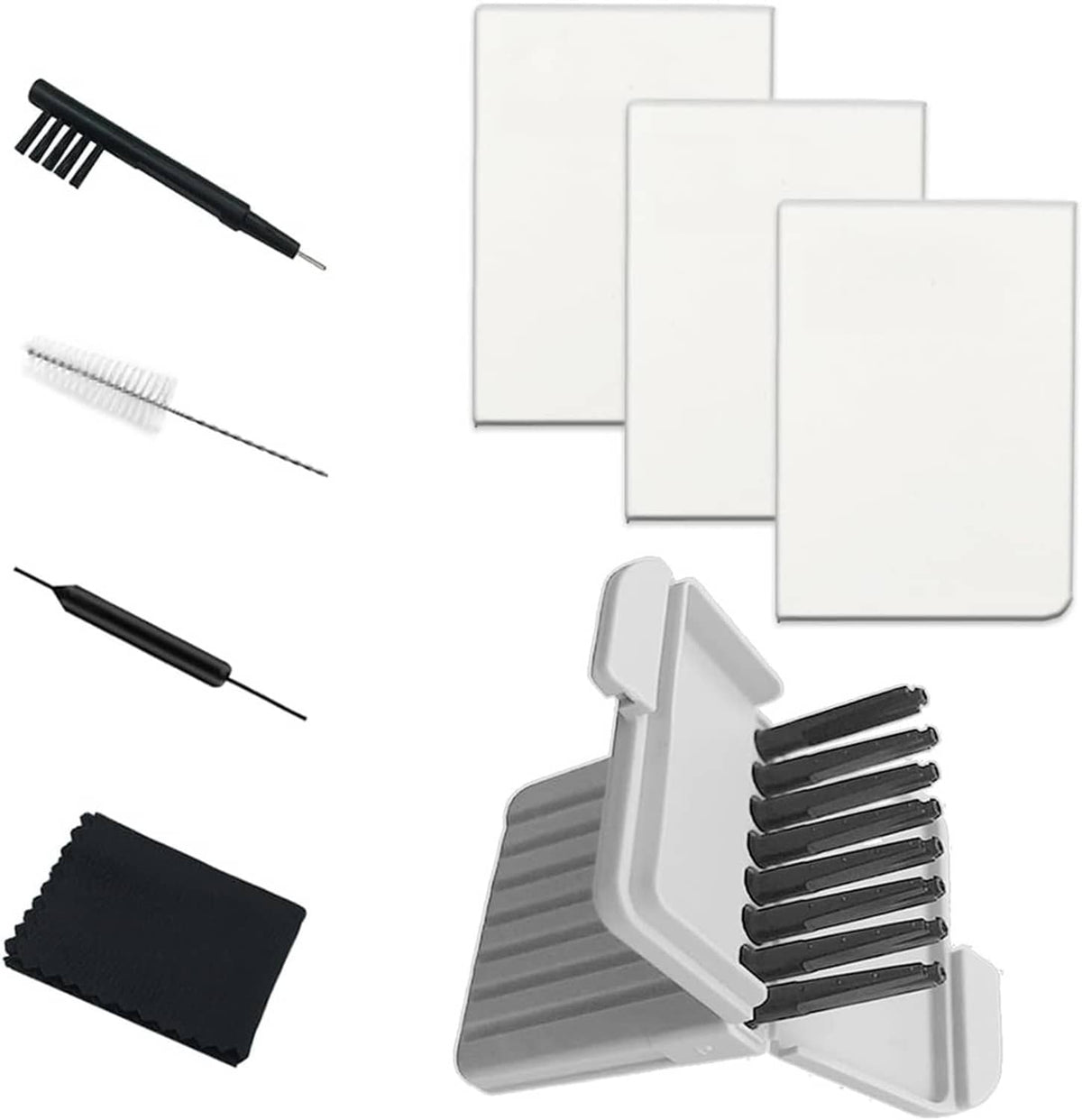 Hearing aid wax guard kit with white guard pads, gray dome cleaner, and brushes