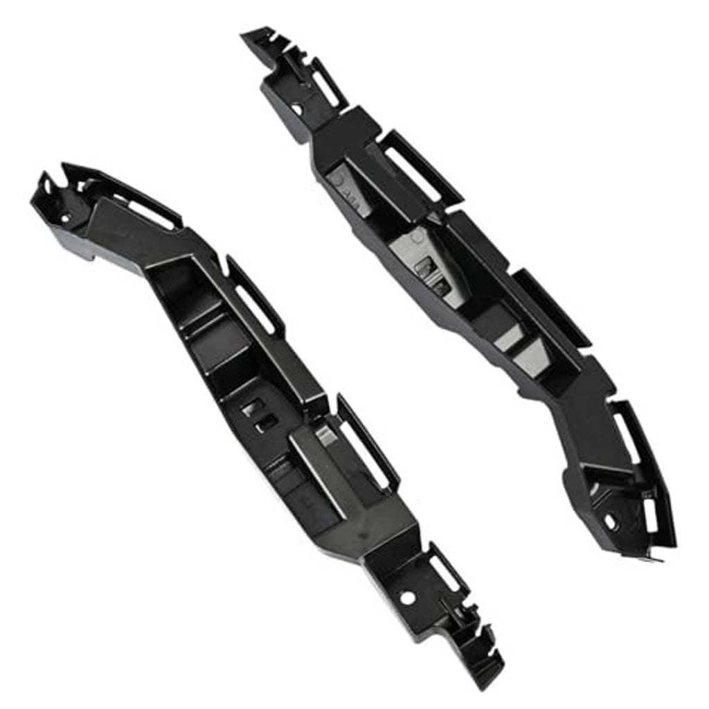 Front bumper cover support brackets, black plastic with side tabs and fastening holes