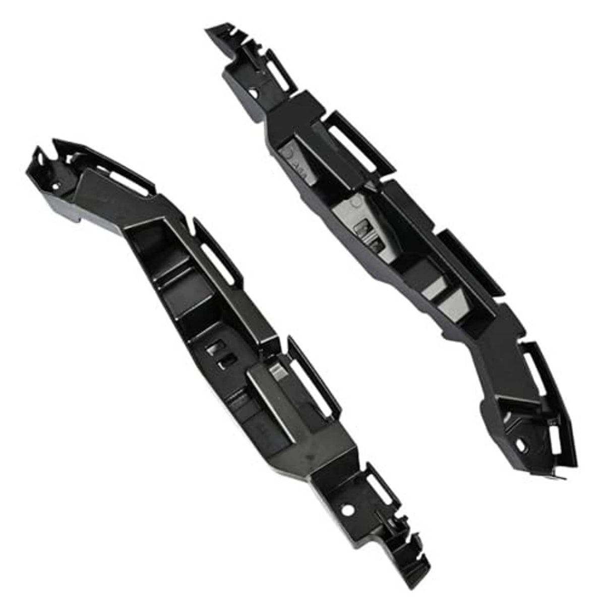 Front bumper cover support brackets, black plastic with side tabs and fastening holes