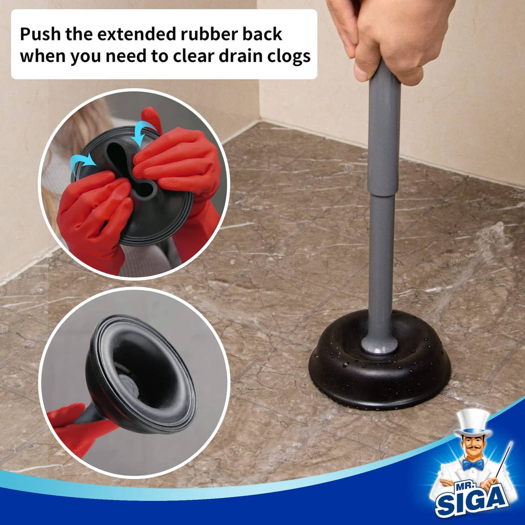 Toilet plunger with extended rubber back and gray handle, black suction cup