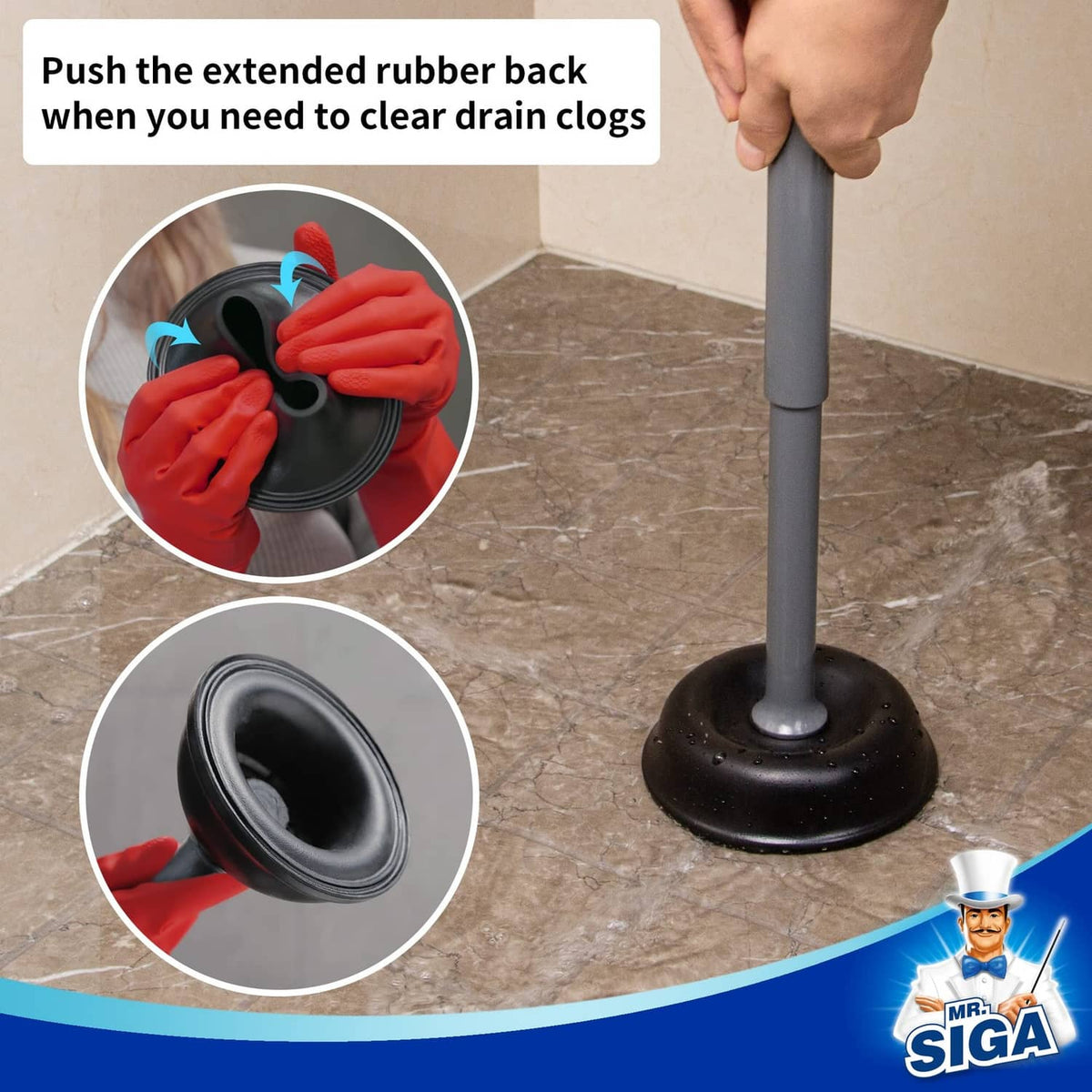 Toilet plunger with extended rubber back and gray handle, black suction cup