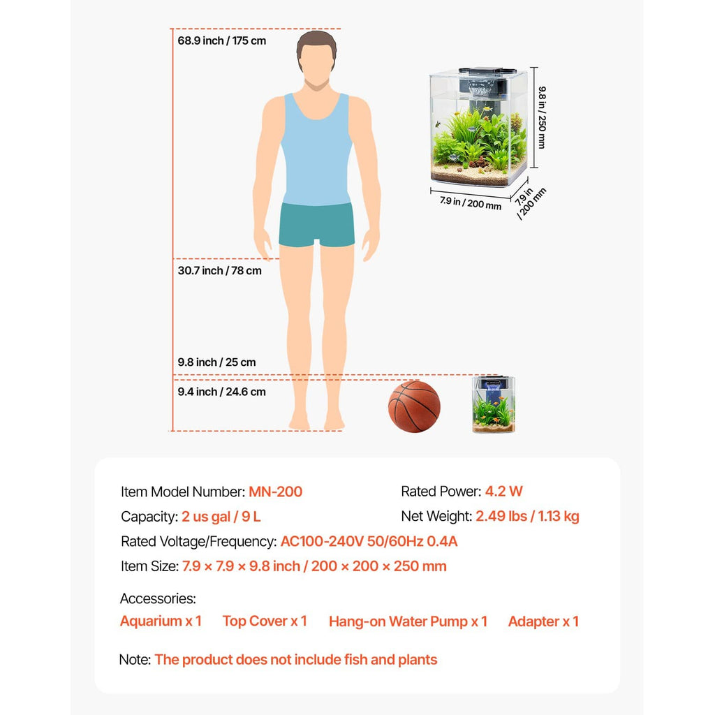 2-gallon small plastic aquarium tank size diagram with included top cover and pump