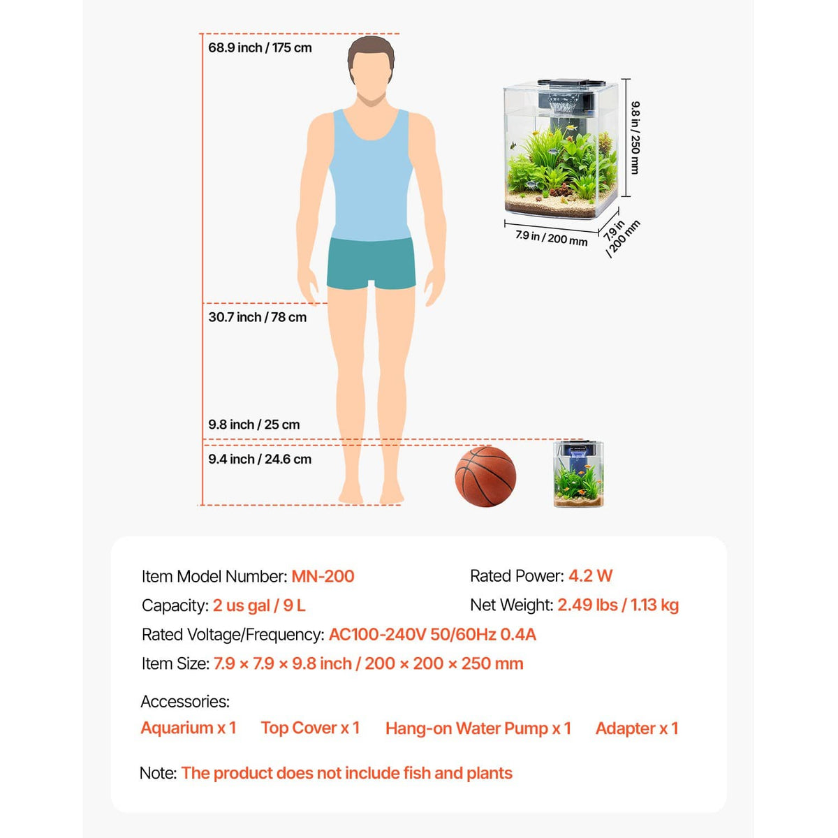 2-gallon small plastic aquarium tank size diagram with included top cover and pump
