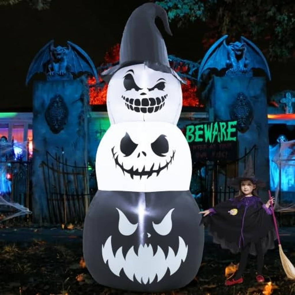 Front view inflatable Halloween pumpkin stack with witch hat and pumpkin grins