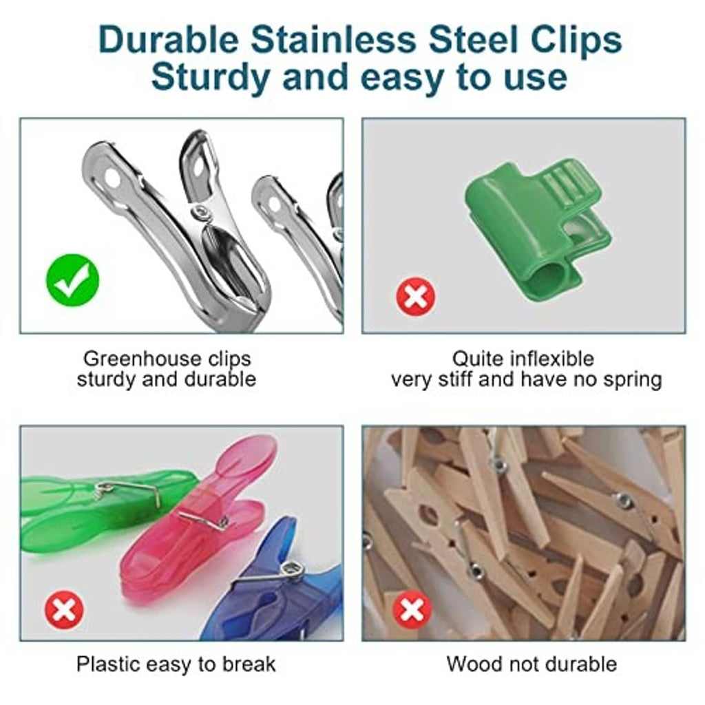 Stainless steel garden clips with durable spring jaws, product comparison graphic