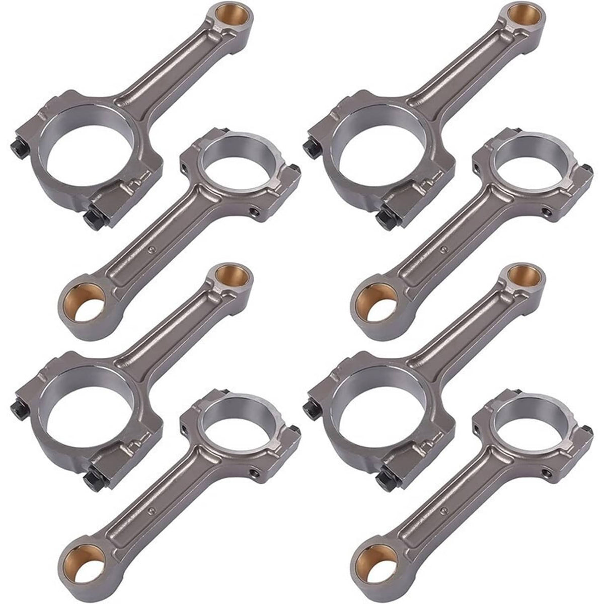 Set of 8 floating pin connecting rods laid out, silver steel with bronze pin bushings