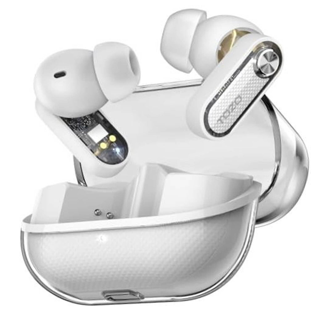 White wireless earbuds with charging case, angled view showing earbuds and case interior
