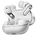 White wireless earbuds with charging case, angled view showing earbuds and case interior